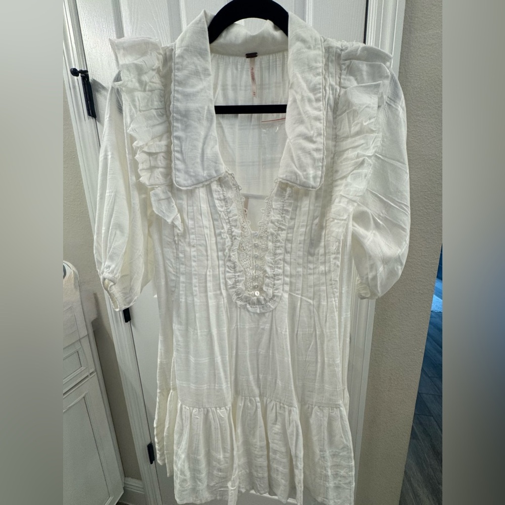 Free People White Long Sleeve Dress with Ruffles